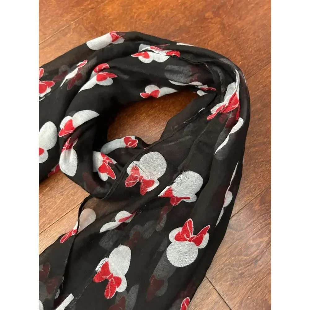 Disney Black Scarf, White Minnie Mouse Silhouette with Red Bow Print, Rectangle